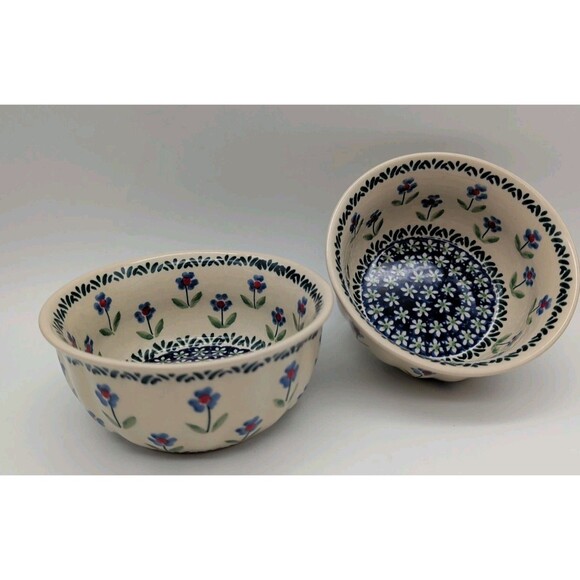 boleslawiec polish pottery Cereal bowls scalloped Blue Daisy Set Of 2 Green - Picture 1 of 5